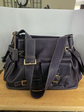 Pebbled Leather Shoulder Bag in Dark Plum with Gold Hardware